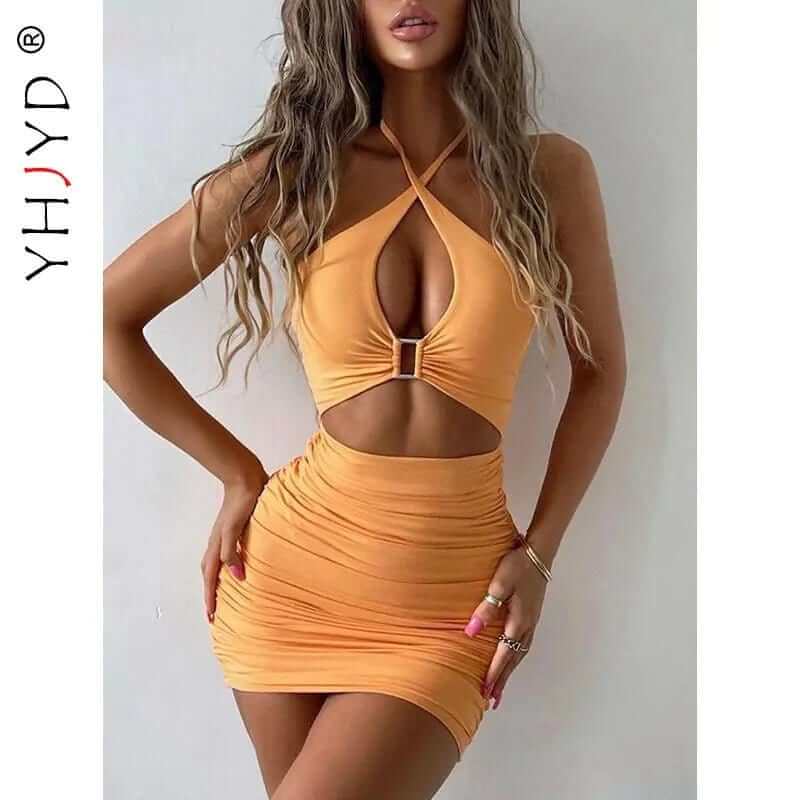 Summer Solid Backless Cut Out Women's Ruched Cross Halter Short Mini Dress - A&S Direct